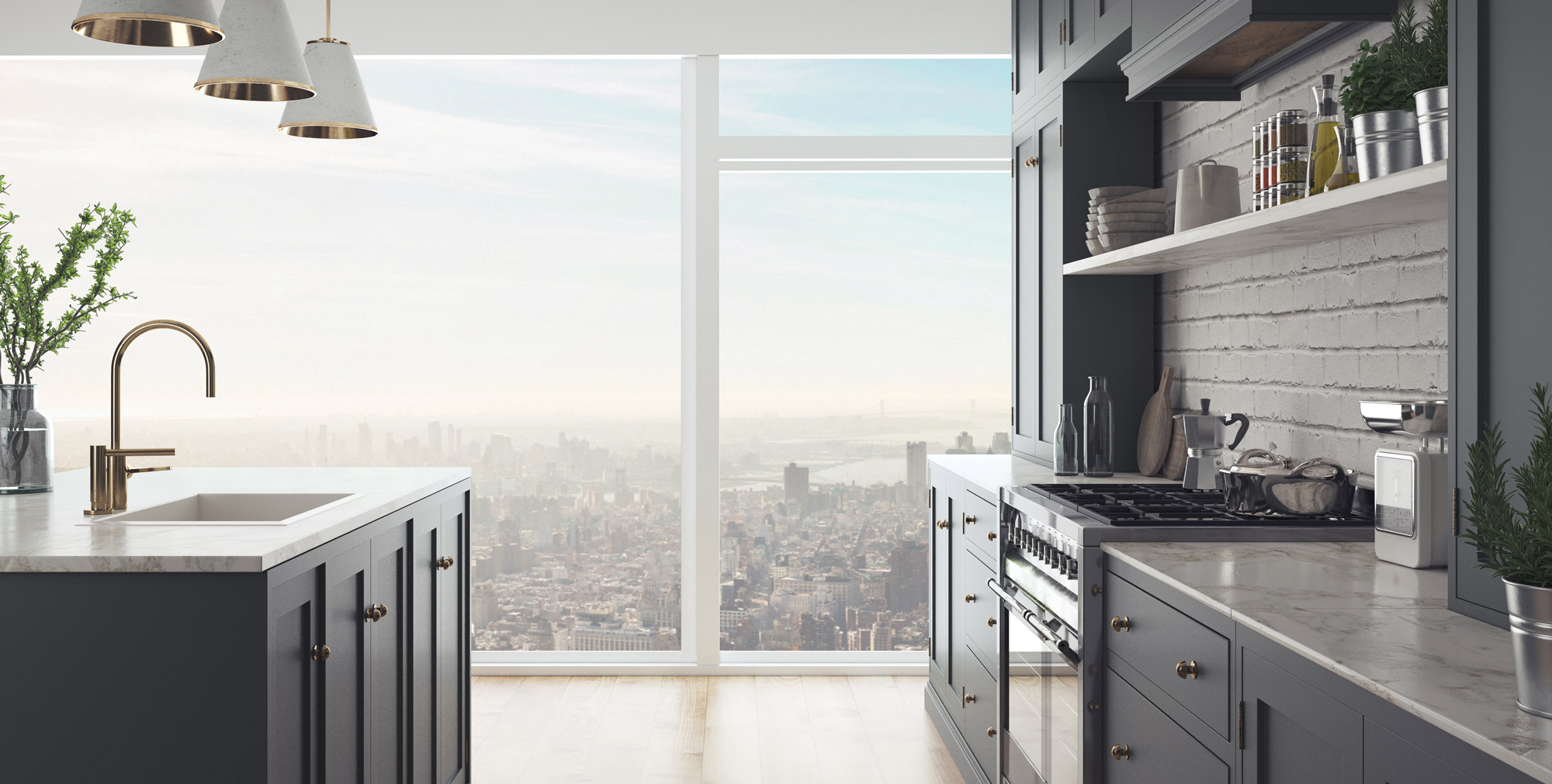 Kitchen with window skyline view